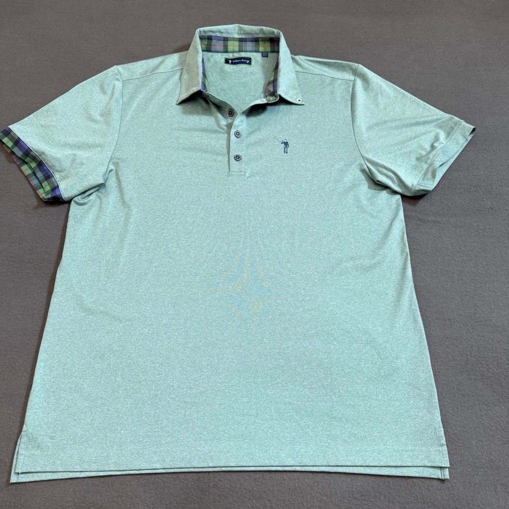 William Murray Golf Polo Men Large Plaid Trim Performance Poly Spandex Green Sol